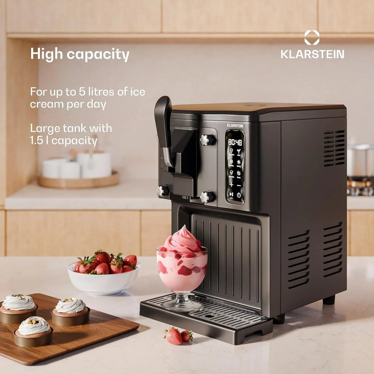 Klarstein Maszyna do lodów włoskich 1,5 l, z ekranem dotykowym, funkcją Keep-Cool, pojemność 5 l, specjalne urządzenia, do koktajli mlecznych i smoothie, funkcja samoczyszczenia, zdejmowany dzióbek,