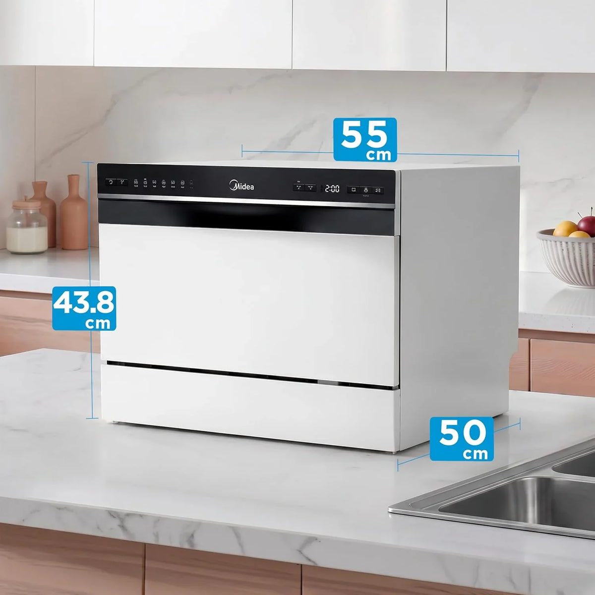 Midea Mała zmywarka, biała, 55 cm, dla 6 osób, kompaktowa i przenośna, bez instalacji, zmywarka z aplikacją Control, 6 programów, filtr antybakteryjny 49 dB, nowy model