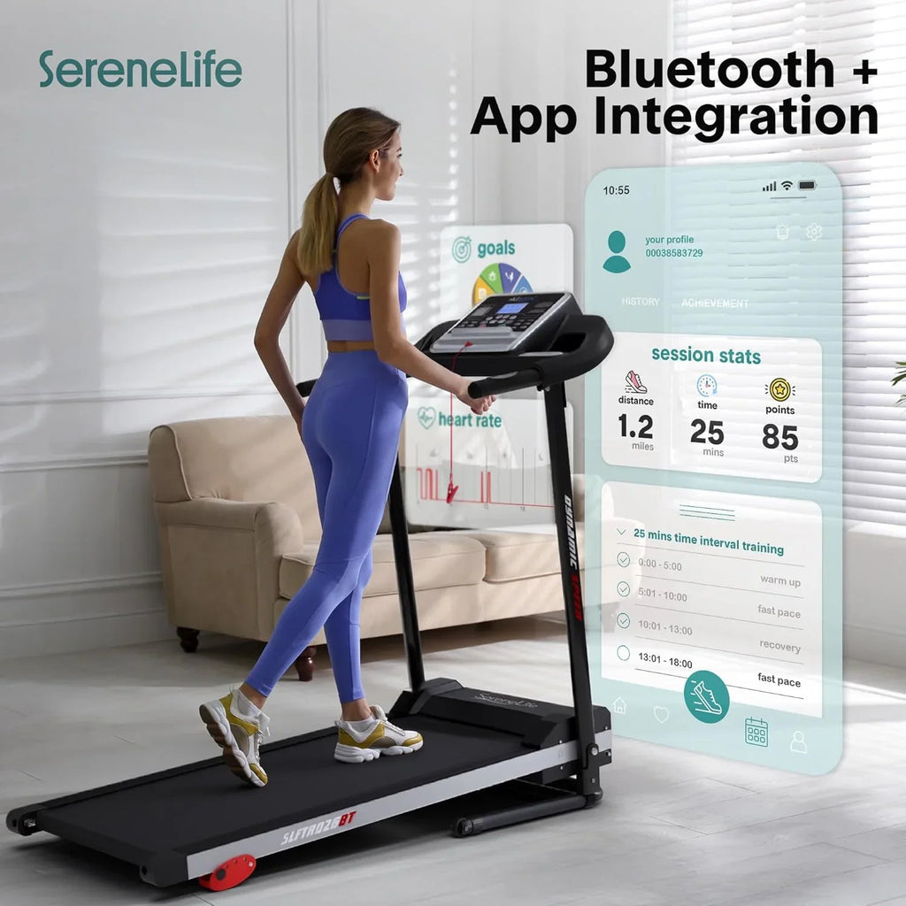 SereneLife składana bieżnia elektryczna, bieżnia z wyświetlaczem LCD do chodzenia i biegania, ćwiczeń kardio, łączność Bluetooth
