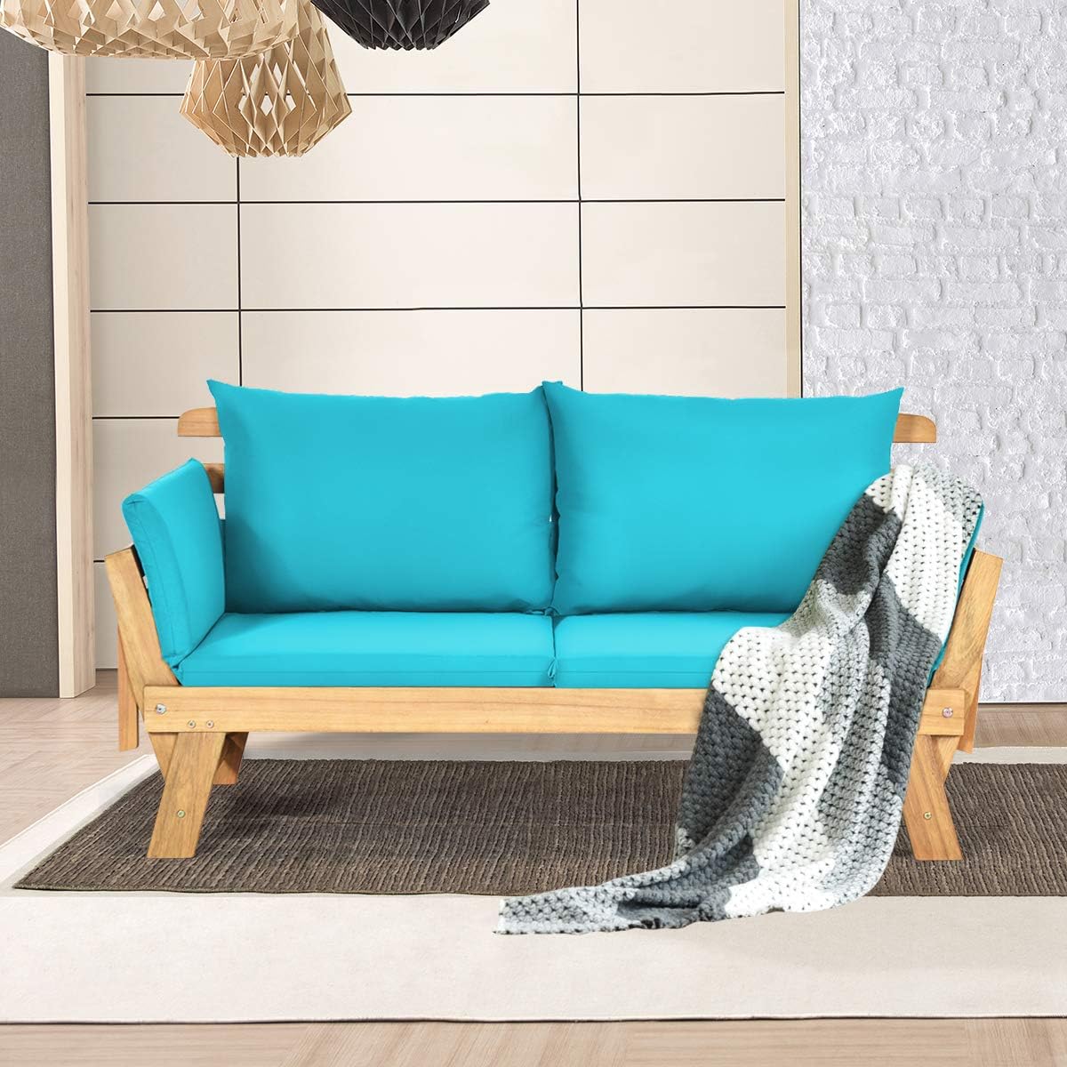 COSTWAY Ławka ogrodowa z funkcją leżenia, sofa ogrodowa z poduszkami i składanym podłokietnikiem, ławka balkonowa z drewna akacjowego, sofa balkonowa, sofa ogrodowa do ogrodu, na taras, balkon, 198 x