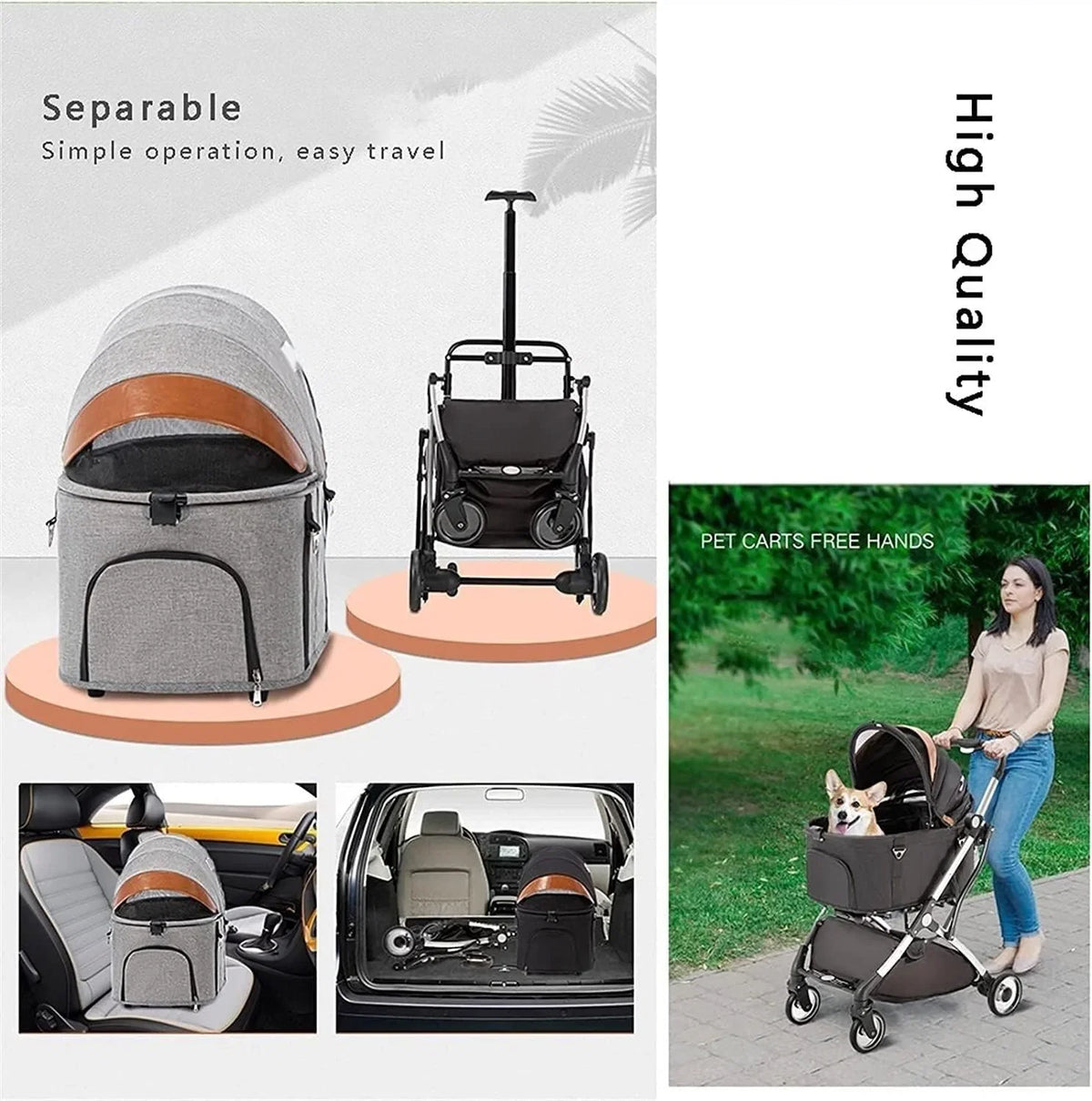 Lekki Składany Wózek Dla Zwierząt Premium Pet Stroller Dla Kotów Psów Oddzielny Wózek Dla Psa Buggy Pushchairs 4 Koła Materiały Podróżne (Color : Gr-ey)