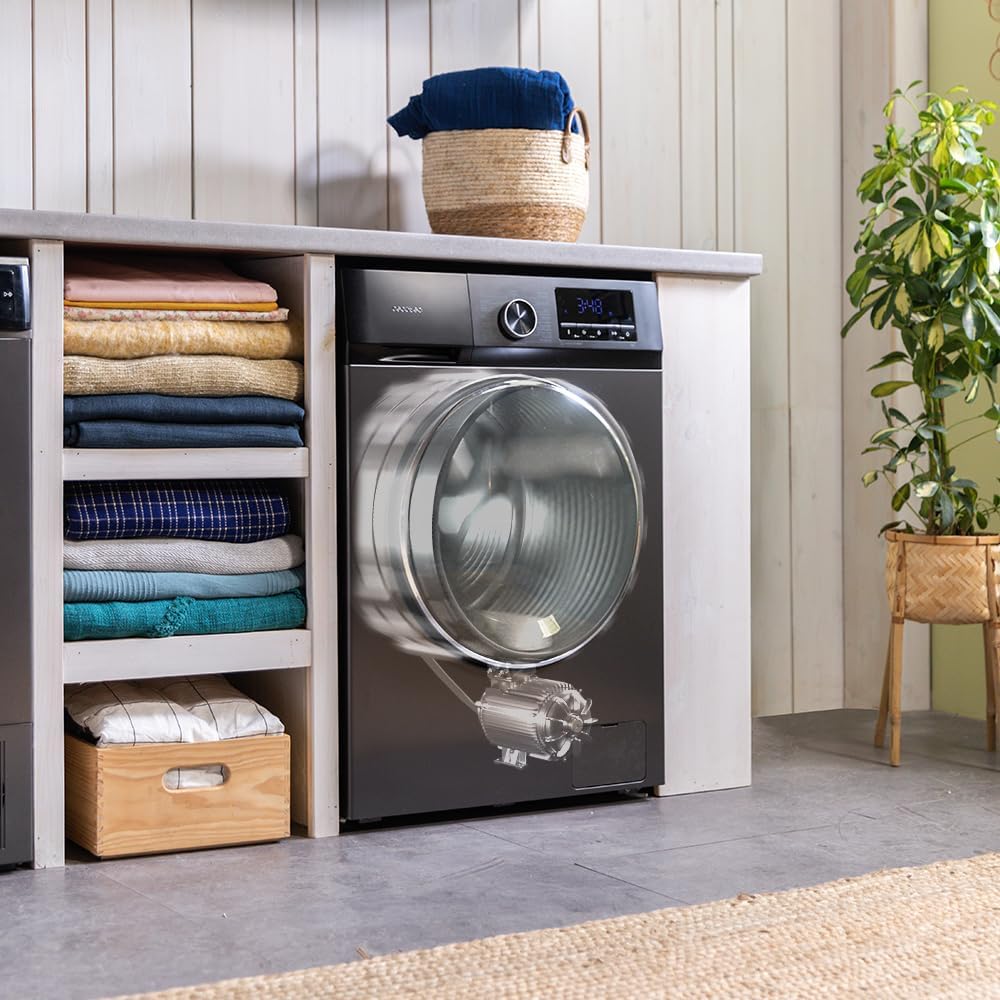 Pralka Bolero Dresscode 8500 Inverter Steel, ładowana od przodu, pojemność 8 kg. Moc 1900 W, 1400 obr./min, silnik Inverter Plus, niskie zużycie energii, 16 programów, SteamMax, opóźniony start, stal