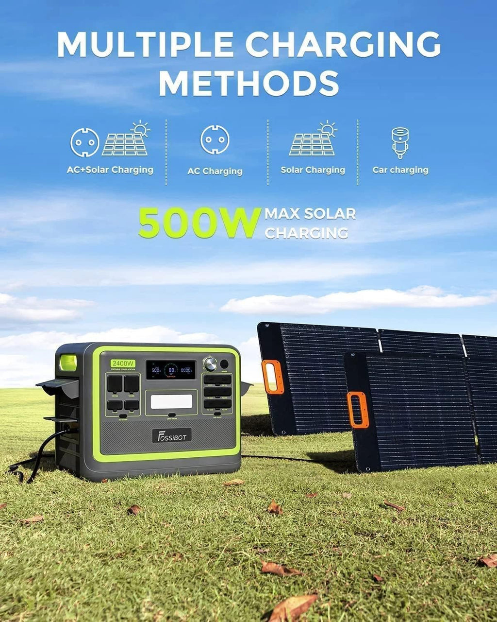 FOSSIBOT-Polska Elektrownia stacja zasilania F2400 paneli słonecznych 420 W, 2048Wh 2400W APP XT90, stacja kempingowa, podróż, szybkie płukanie 1,5 godziny, 5 letnia gwarancja producenta