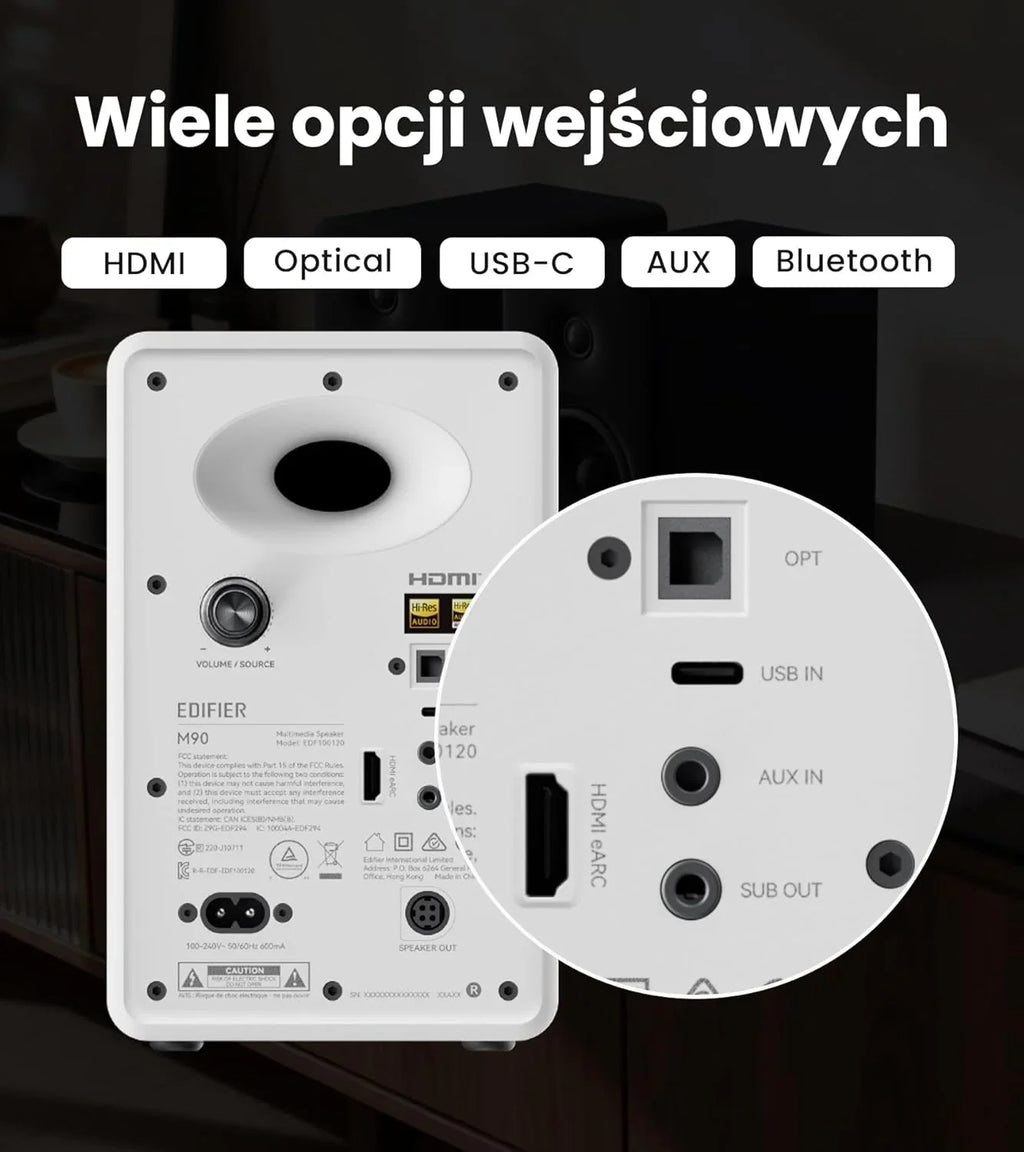 Edifier M90 Głośniki półkowe, 100W RMS Lauta Stacjonarne, Hi-Res Audio, LDAC, Bluetooth 6.0 Lauta Kompaktowe, HDMI eARC/USB-C/AUX Wejście, SUB OUT Lauta Zasilane, Stereokontrolka do TV/PC - biały
