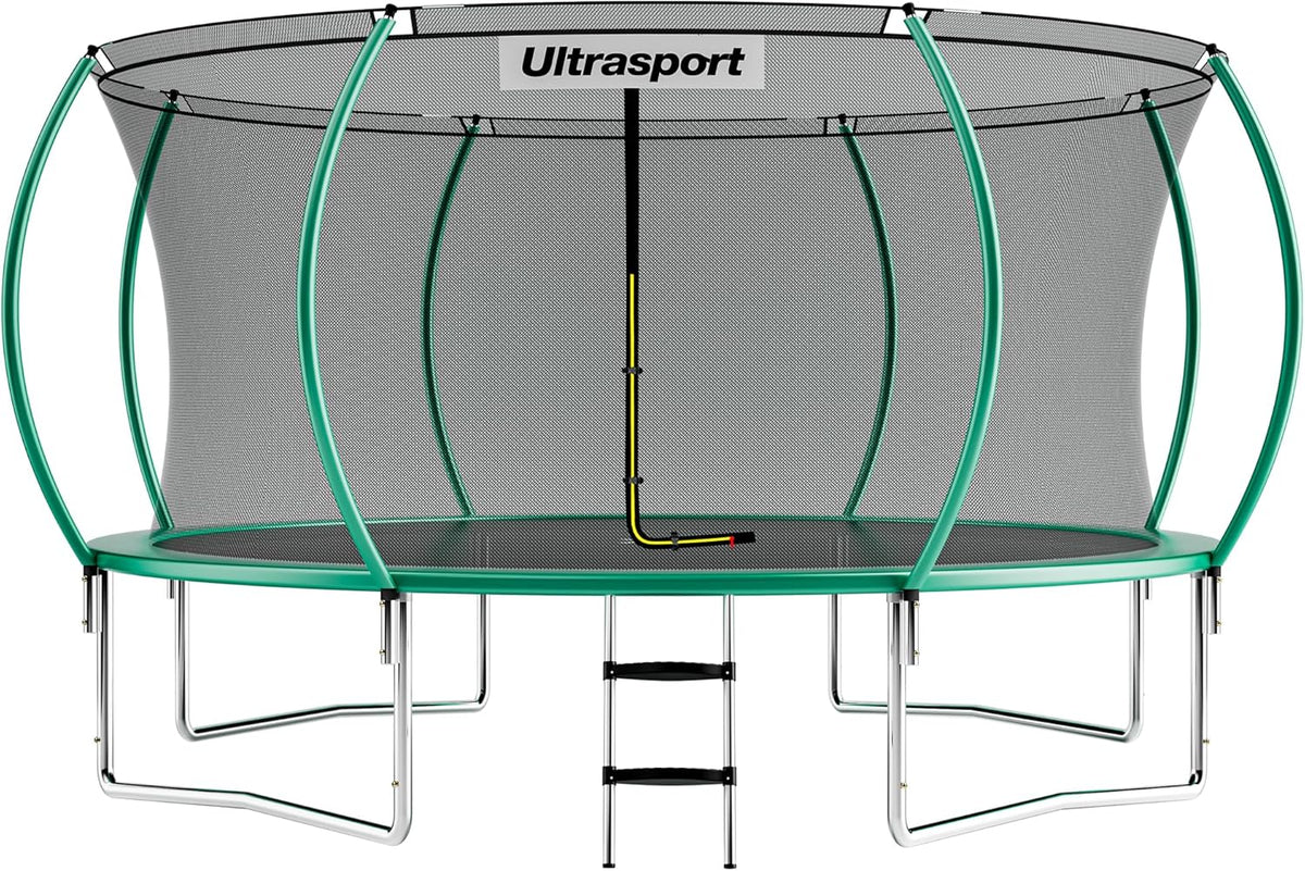Ultrasport Deluxe trampolina, Ø 244/305/366/430 cm, certyfikat TÜV Rheinland + GS, kompletny zestaw, okrągła trampolina ogrodowa, w tym wyściełane słupki, siatka zabezpieczająca i osłona krawędzi