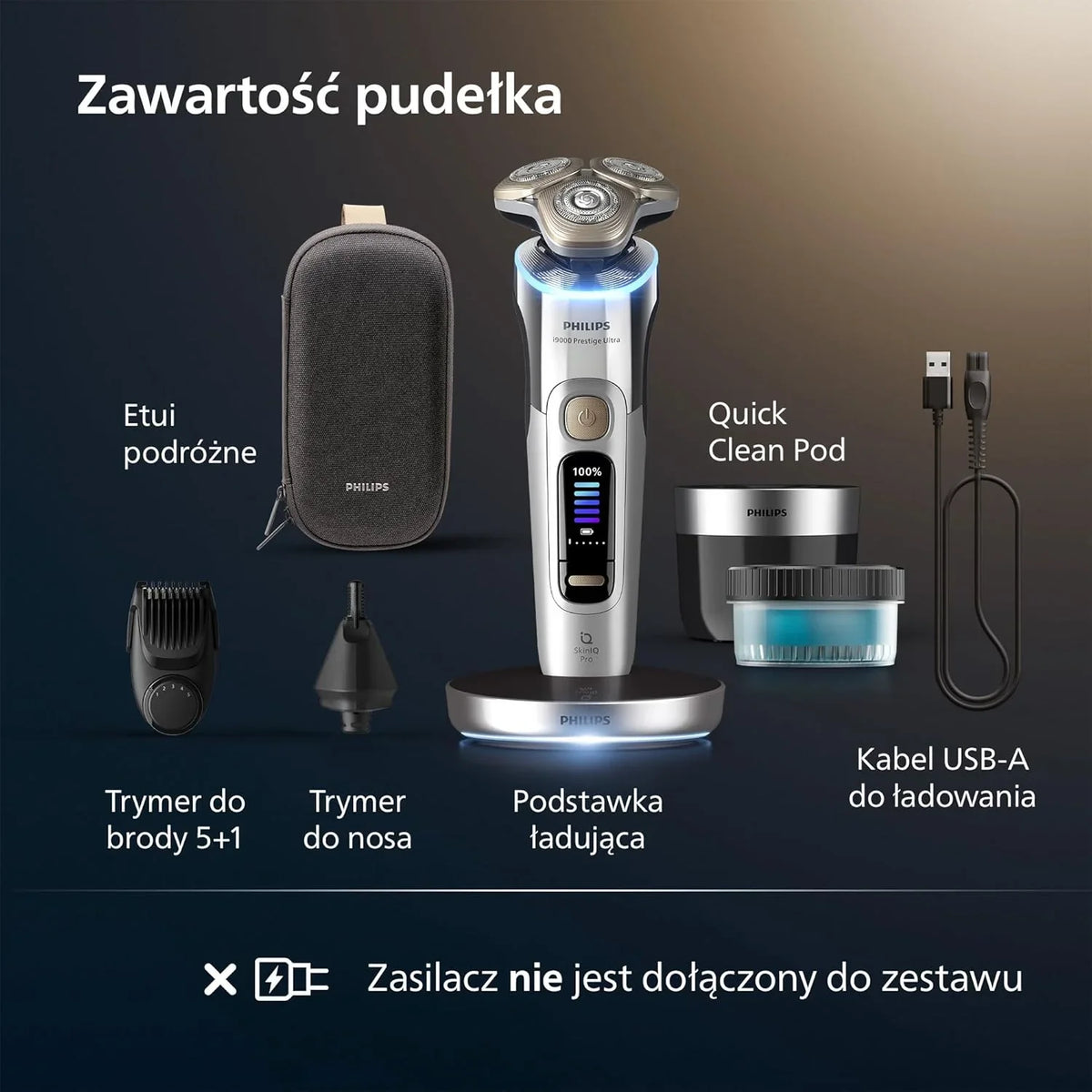 Philips Shaver i9000 Prestige Ultra, golarka elektryczna do golenia na sucho i mokro z technologią Skin IQ Pro, System Triple Lift & Cut, obrotowe 360º ostrza, 5 trybów golenia, Model XP9404/38