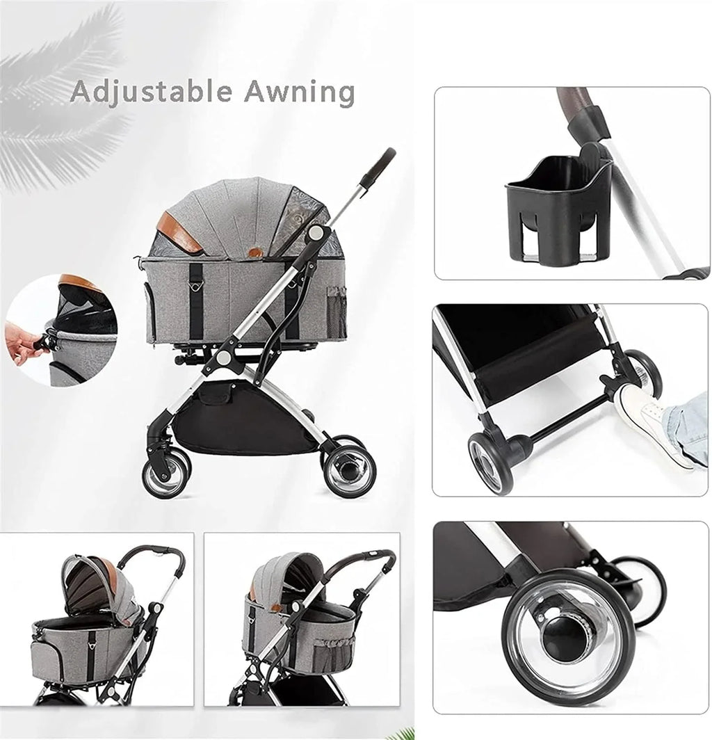 Lekki Składany Wózek Dla Zwierząt Premium Pet Stroller Dla Kotów Psów Oddzielny Wózek Dla Psa Buggy Pushchairs 4 Koła Materiały Podróżne (Color : Gr-ey)