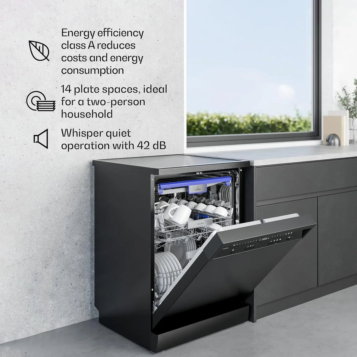 Klarstein Velaire zmywarka 60 cm – wolnostojąca, 14 miejsc, 9 programów, 42 dB, klasa energetyczna A, AquaStop, zabezpieczenie przed dziećmi, zmywarka 60 cm, stal nierdzewna