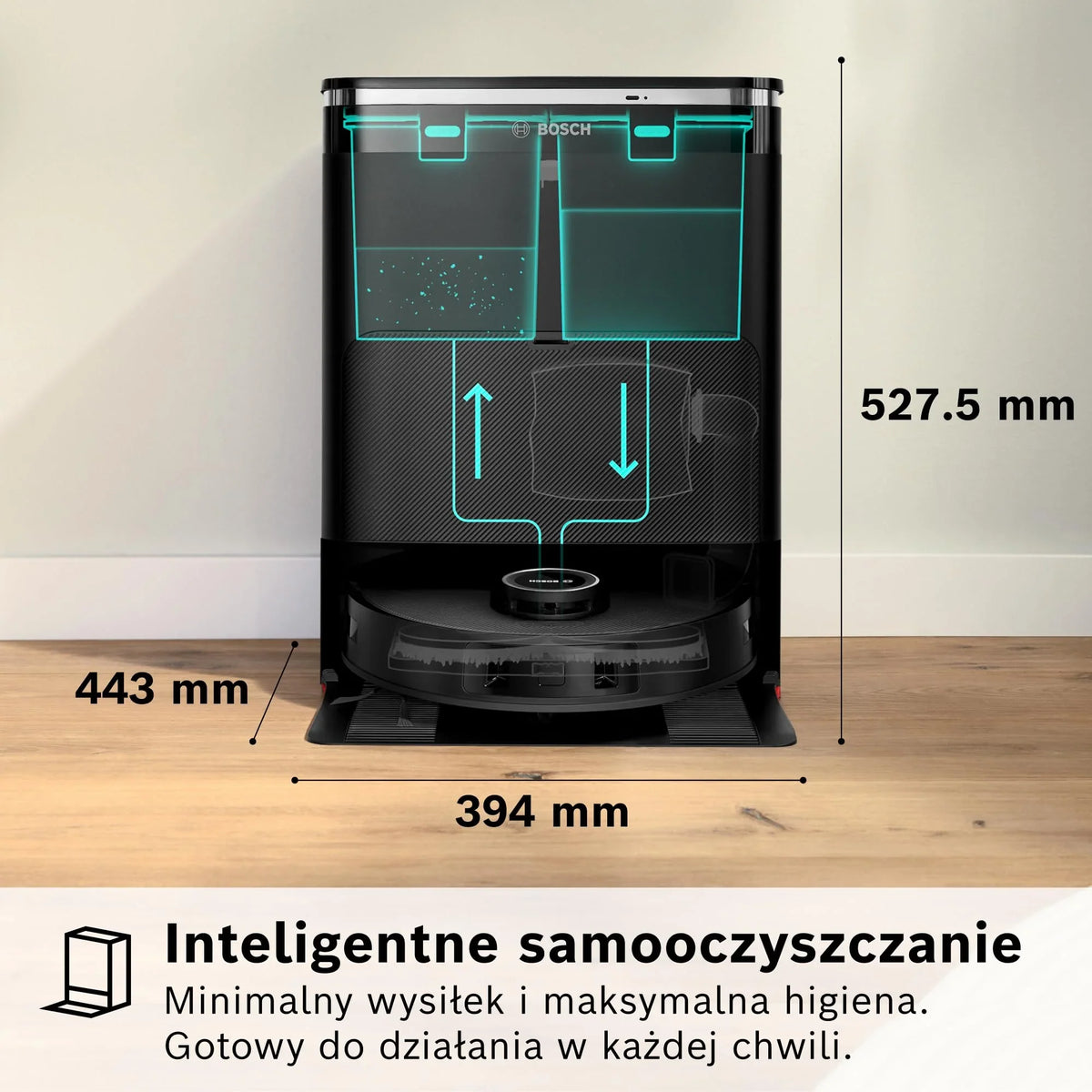 Bosch Spotless Max Robot sprzątający z funkcją mopowania, moc ssania 11 000 Pa, wysuwana nakładka mopującą, stacja czyszczącą, nawigacją Smart Vision, aplikacja Bosch Home Connect, BCRDW3B, czarny