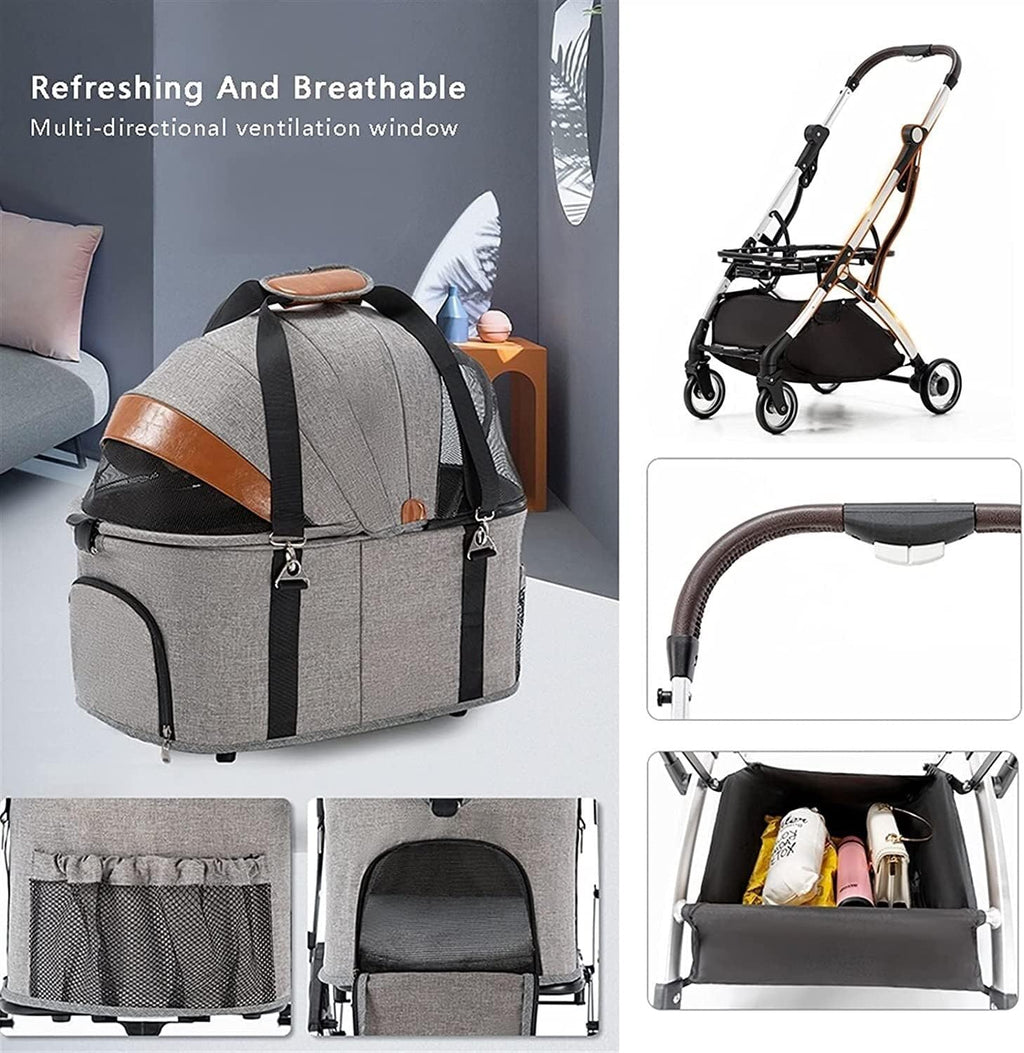 Lekki Składany Wózek Dla Zwierząt Premium Pet Stroller Dla Kotów Psów Oddzielny Wózek Dla Psa Buggy Pushchairs 4 Koła Materiały Podróżne (Color : Gr-ey)