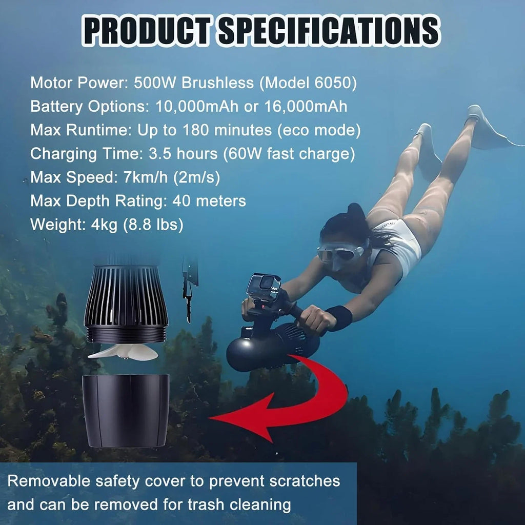 Elektryczny Skuter Podwodny 500 W,Skuter Do Nurkowania I Snorkelingu Na Głębokość 40 M,Silnik Bezszczotkowy,Prędkość 3-7 Km/H, Zasięg 120 Minut | Skuter Wodny Do Basenu, Morski 10000mAh