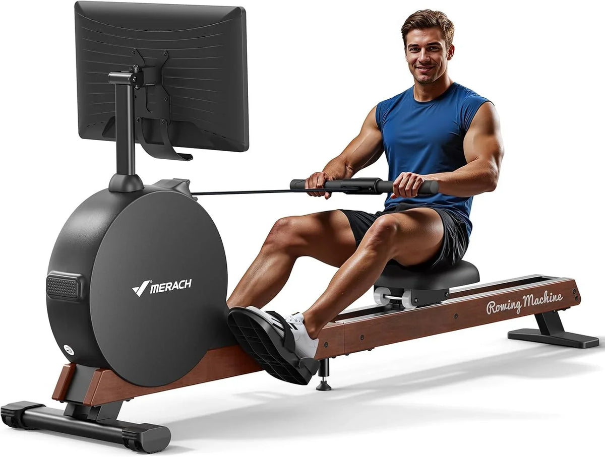MERACH Wioślarz do Domu – Samozasilający, Ulepszony Magnetyczny Opór Szczytowy 60 kg, Automatyczna Regulacja Oporu, Wyświetlacz LED / 21,5‑calowy Ekran HD (R7)