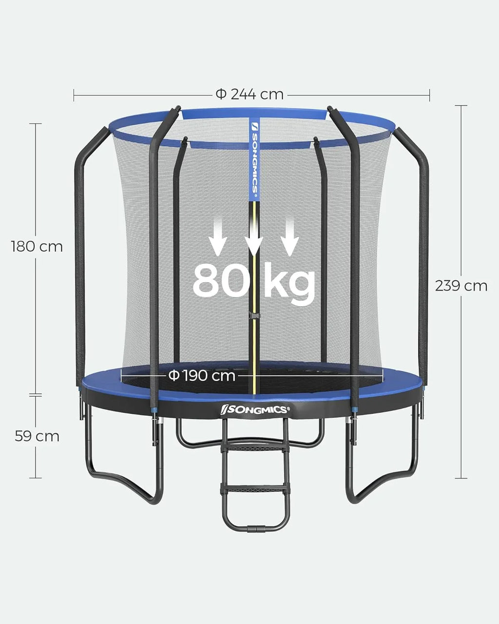 SONGMICS Trampolina Ø 244/305/366/427 cm, certyfikat TÜV Rheinland GS, okrągła trampolina ogrodowa z siatką zabezpieczającą i drabinką, wyściełany stelaż, dla dzieci i dorosłych