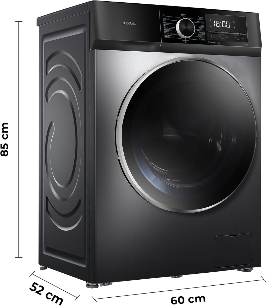 Pralka Bolero Dresscode 8500 Inverter Steel, ładowana od przodu, pojemność 8 kg. Moc 1900 W, 1400 obr./min, silnik Inverter Plus, niskie zużycie energii, 16 programów, SteamMax, opóźniony start, stal