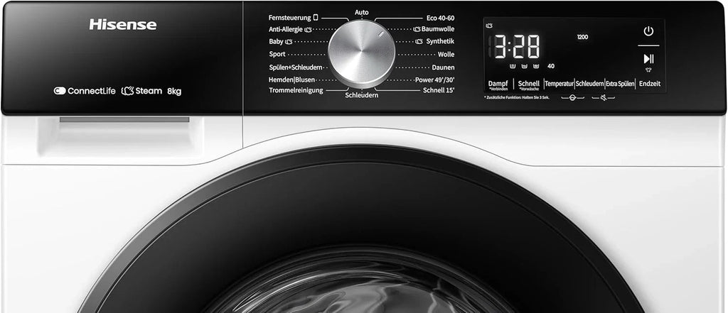 Hisense WF3S8043BW3 pralka z funkcją pary, 8 kg, 1400 obr./min, WiFi, ConnectLife, Power JetWash, program antyalergiczny, Aqua Stop, Auto Wash, Quick Wash, klasa efektywności energetycznej A-30%