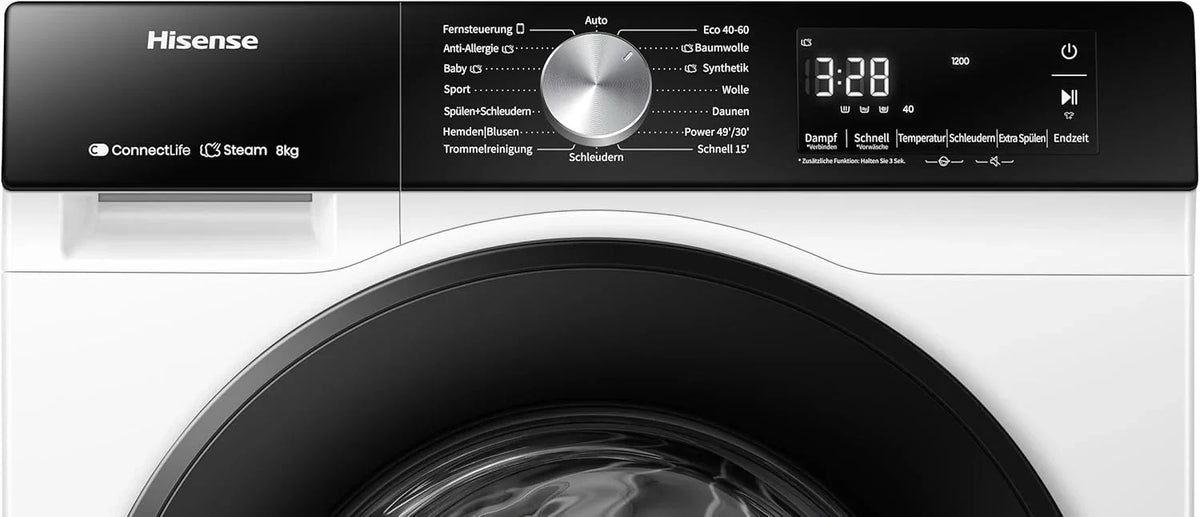 Hisense WF3S8043BW3 pralka z funkcją pary, 8 kg, 1400 obr./min, WiFi, ConnectLife, Power JetWash, program antyalergiczny, Aqua Stop, Auto Wash, Quick Wash, klasa efektywności energetycznej A-30%