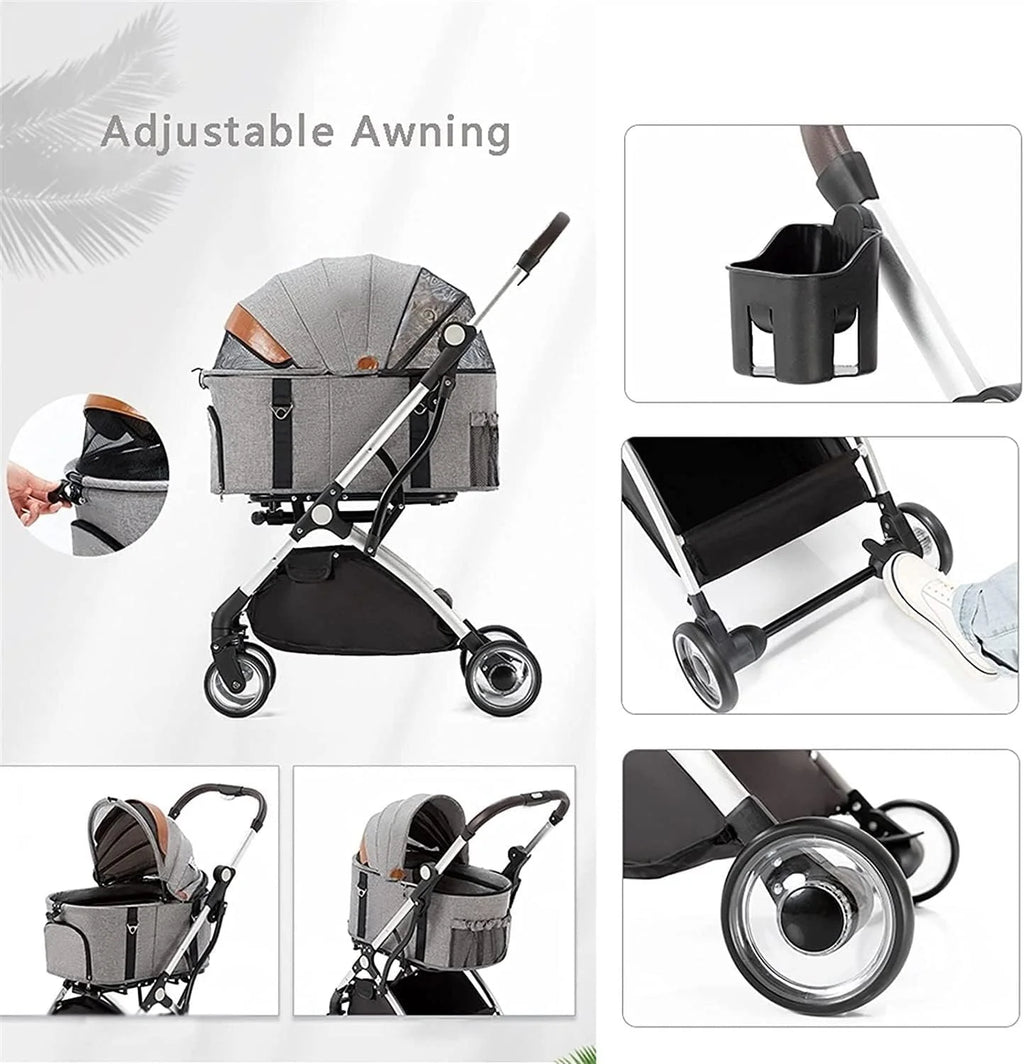 Lekki Składany Wózek Dla Zwierząt Premium Pet Stroller Dla Kotów Psów Oddzielny Wózek Dla Psa Buggy Pushchairs 4 Koła Materiały Podróżne (Color : Gr-ey)