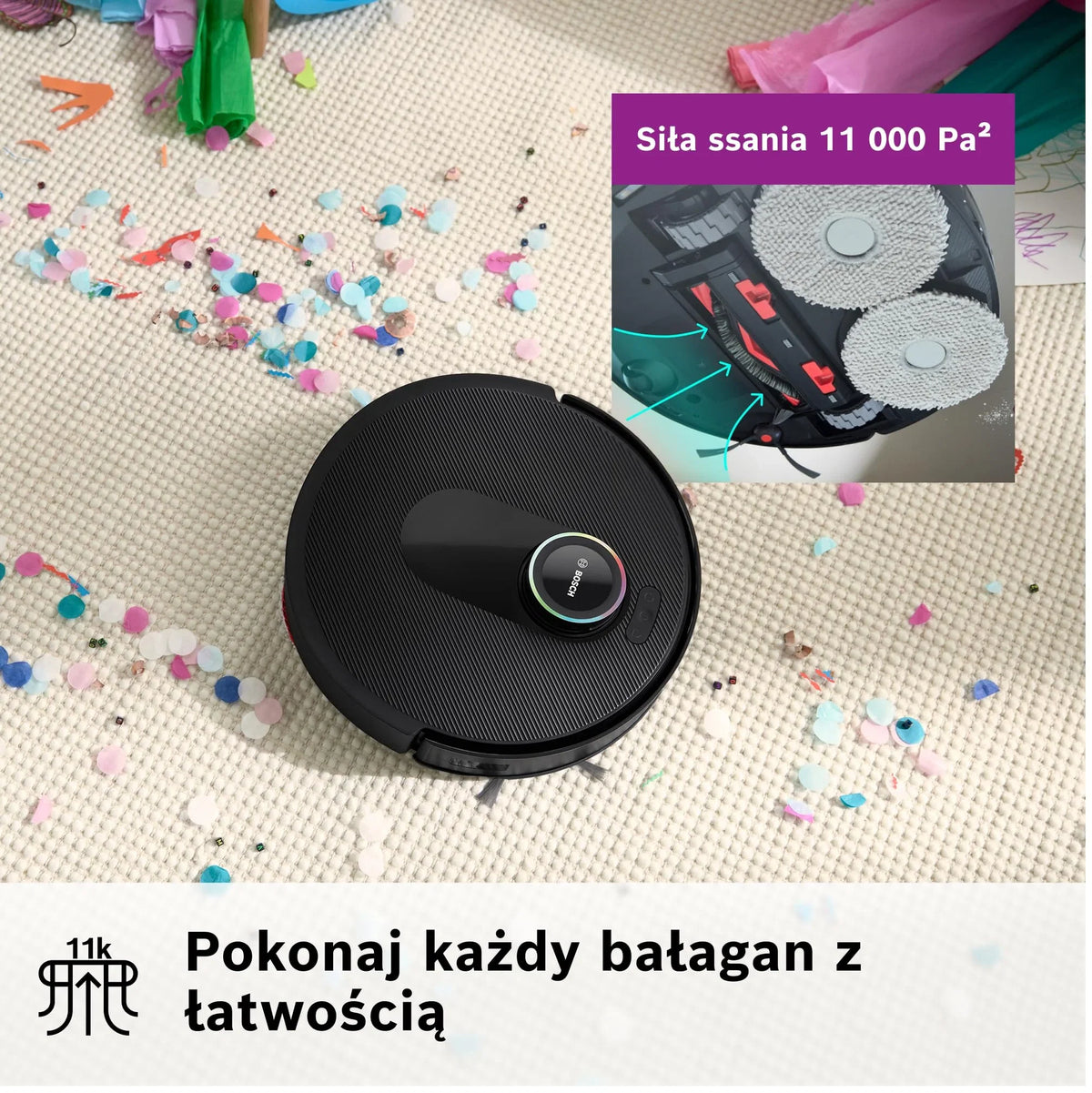 Bosch Spotless Max Robot sprzątający z funkcją mopowania, moc ssania 11 000 Pa, wysuwana nakładka mopującą, stacja czyszczącą, nawigacją Smart Vision, aplikacja Bosch Home Connect, BCRDW3B, czarny