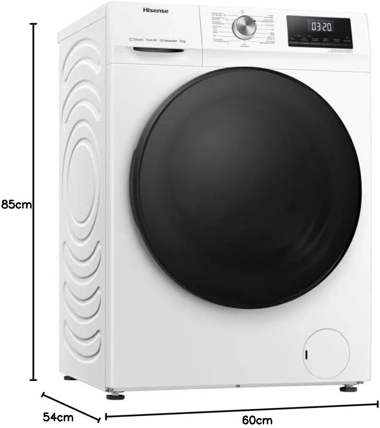 Hisense WF3S8043BW3 pralka z funkcją pary, 8 kg, 1400 obr./min, WiFi, ConnectLife, Power JetWash, program antyalergiczny, Aqua Stop, Auto Wash, Quick Wash, klasa efektywności energetycznej A-30%
