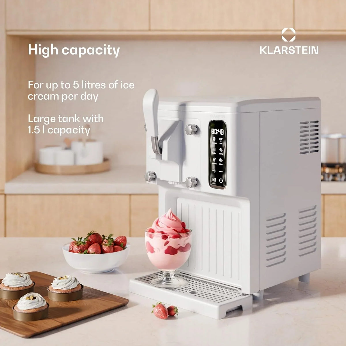 Klarstein Maszyna do lodów włoskich 1,5 l, z ekranem dotykowym, funkcją Keep-Cool, pojemność 5 l, specjalne urządzenia, do koktajli mlecznych i smoothie, funkcja samoczyszczenia, zdejmowany dzióbek,