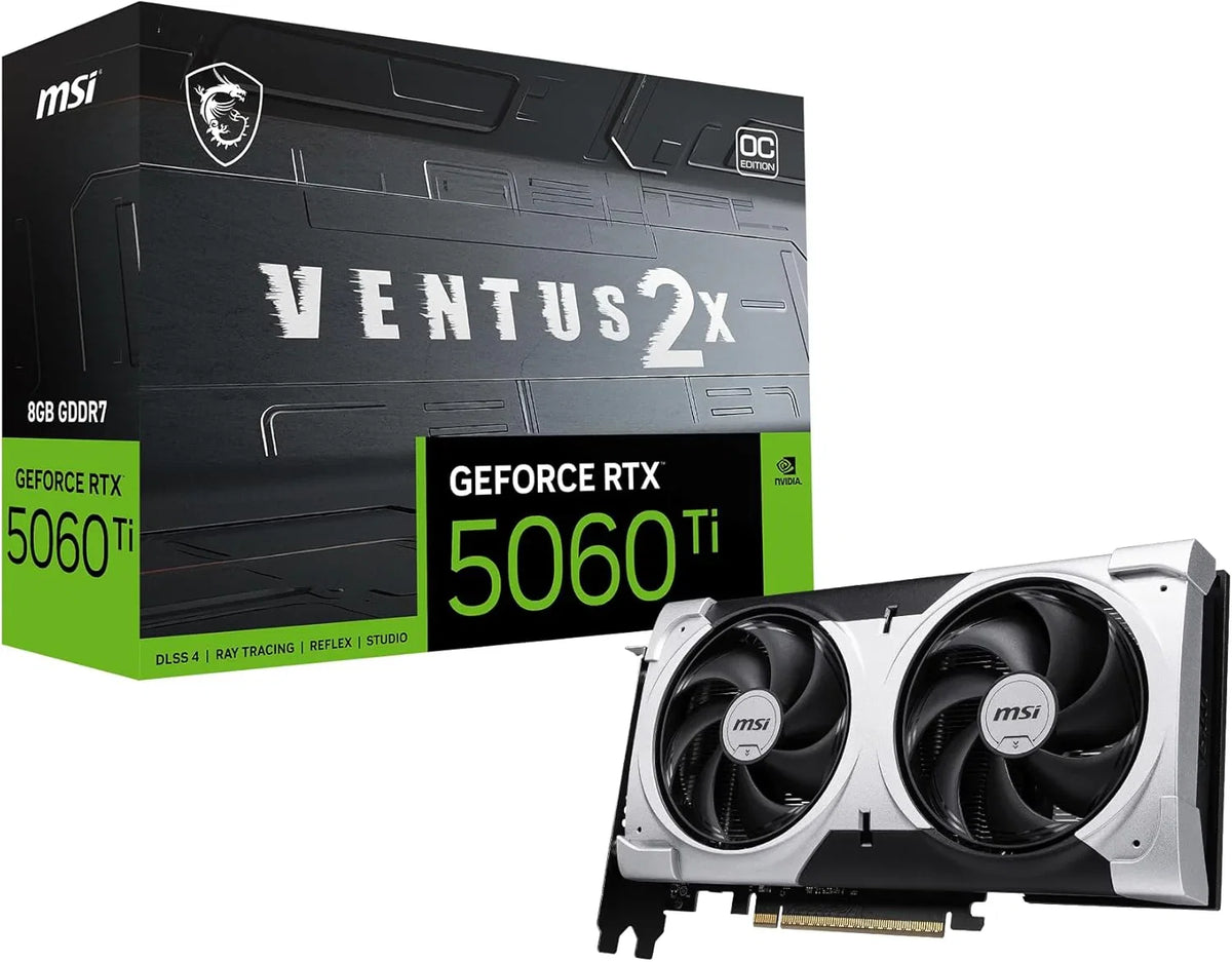 MSI Gamingowa karta graficzna RTX 5060 Ti 8G Ventus 2X OC Plus (8 GB GDDR7, TBA-bit, ekstremalna wydajność: TBA MHz, DisplayPort x3 2.1a, HDMI 2.1b, NVIDIA Blackwell Architecture)