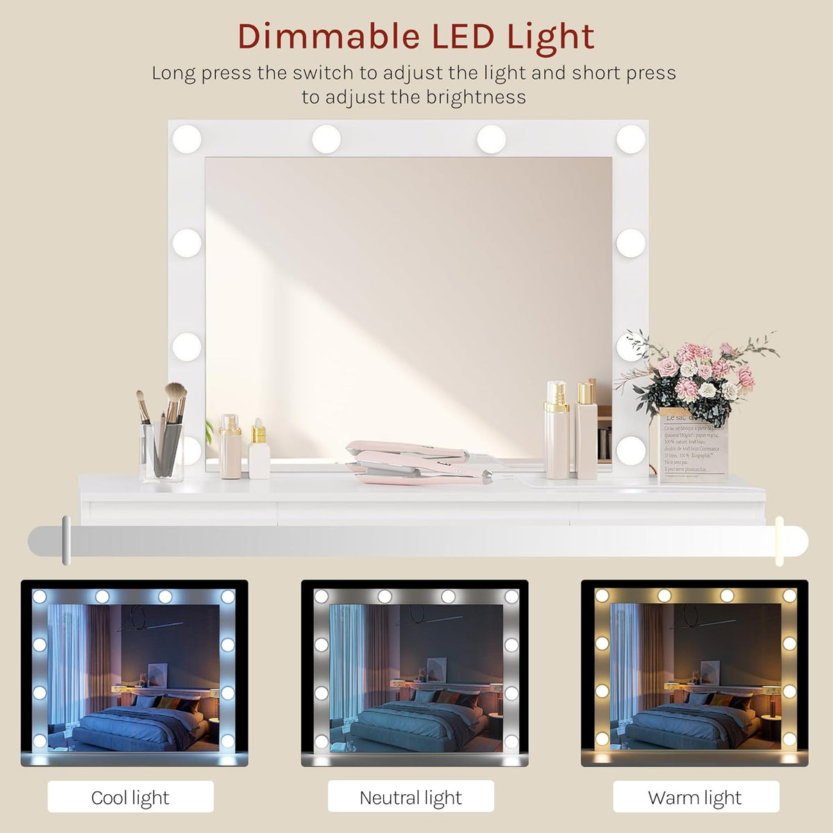 WOLTU MB6124ws Toaletka z oświetleniem i wieloma gniazdkami, toaletka z dużym lustrem LED i 7 szufladami, biurko do makijażu, 110 x 39,5 x 140,5 cm, biała nowoczesna komoda do sypialni