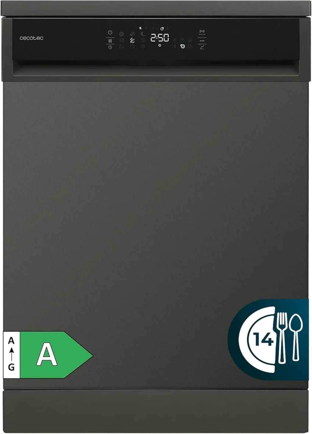 Cecotec Zmywarka 60 cm Bolero Aguazero 6800 Dark A. 14 sztućców, niskie zużycie energii, silnik inwerterowy Plus Duo, 8 programów, mycie automatyczne, czyszczenie parowe, czyszczenie wewnątrz i