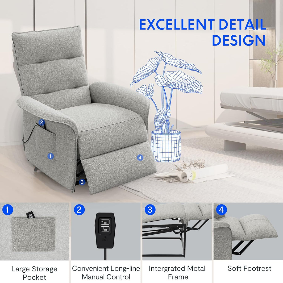 Fotel rozkładany elektrycznie FLEXISPOT z regulowanym oparciem, odchylany w zakresie od 105° do 155°, ergonomiczny fotel wypoczynkowy do sypialni, salonu i kina domowego (ciemnoszary)