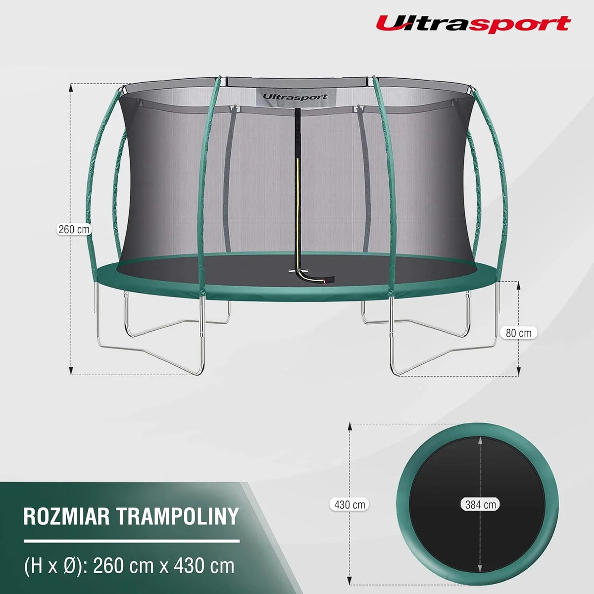 Ultrasport Deluxe trampolina, Ø 244/305/366/430 cm, certyfikat TÜV Rheinland + GS, kompletny zestaw, okrągła trampolina ogrodowa, w tym wyściełane słupki, siatka zabezpieczająca i osłona krawędzi