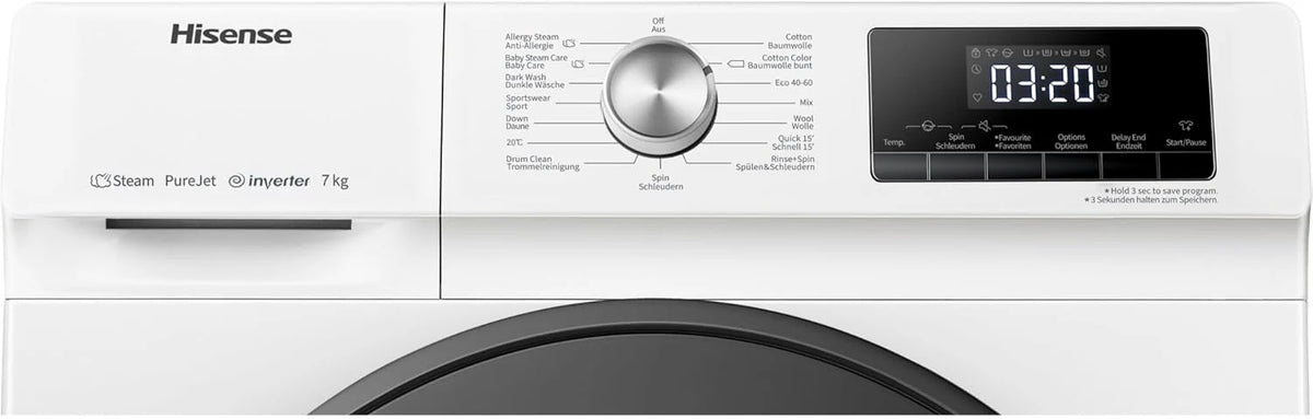 Hisense WF3S8043BW3 pralka z funkcją pary, 8 kg, 1400 obr./min, WiFi, ConnectLife, Power JetWash, program antyalergiczny, Aqua Stop, Auto Wash, Quick Wash, klasa efektywności energetycznej A-30%