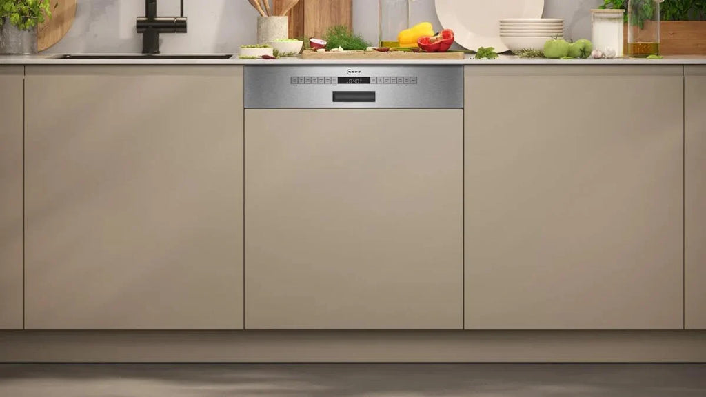 Neff S145EVS04E, N 50, inteligentna zmywarka do naczyń, częściowo zintegrowana, 60 cm, szuflada na sztućce, system koszowy Flex II, program ulubiony, silne czyszczenie Cehf 70ºC, automatyczne