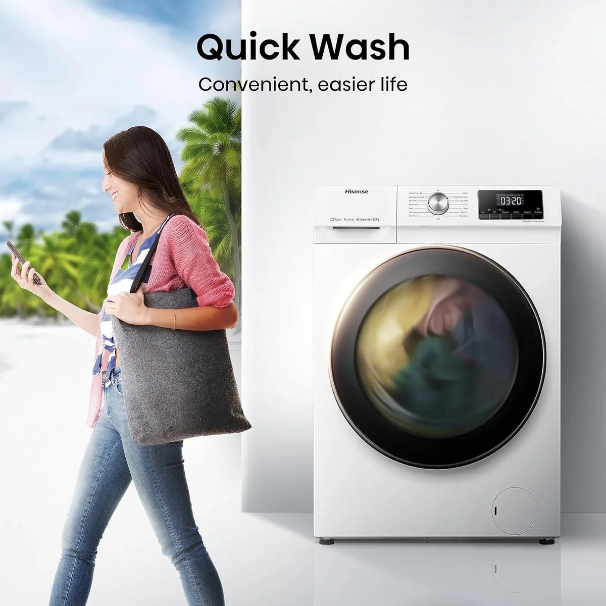 Hisense WF3S8043BW3 pralka z funkcją pary, 8 kg, 1400 obr./min, WiFi, ConnectLife, Power JetWash, program antyalergiczny, Aqua Stop, Auto Wash, Quick Wash, klasa efektywności energetycznej A-30%