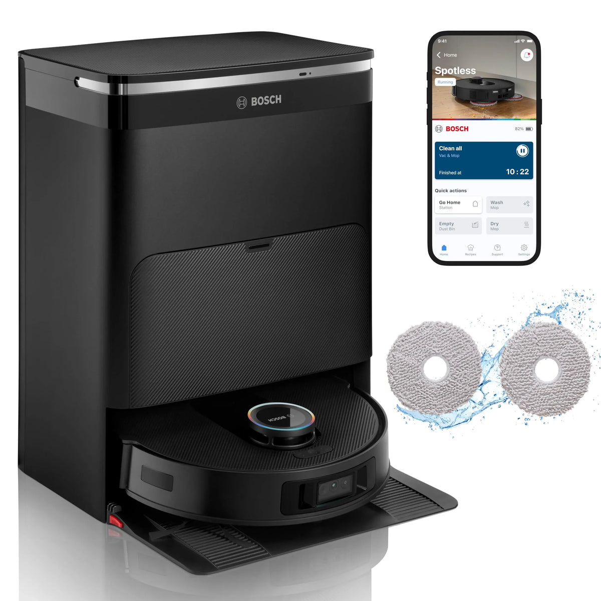 Bosch Spotless Max Robot sprzątający z funkcją mopowania, moc ssania 11 000 Pa, wysuwana nakładka mopującą, stacja czyszczącą, nawigacją Smart Vision, aplikacja Bosch Home Connect, BCRDW3B, czarny