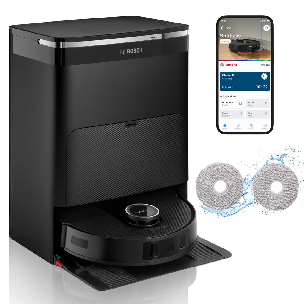 Bosch Spotless Max Robot sprzątający z funkcją mopowania, moc ssania 11 000 Pa, wysuwana nakładka mopującą, stacja czyszczącą, nawigacją Smart Vision, aplikacja Bosch Home Connect, BCRDW3B, czarny