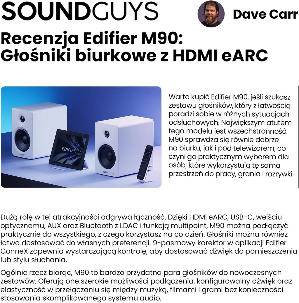 Edifier M90 Głośniki półkowe, 100W RMS Lauta Stacjonarne, Hi-Res Audio, LDAC, Bluetooth 6.0 Lauta Kompaktowe, HDMI eARC/USB-C/AUX Wejście, SUB OUT Lauta Zasilane, Stereokontrolka do TV/PC - biały
