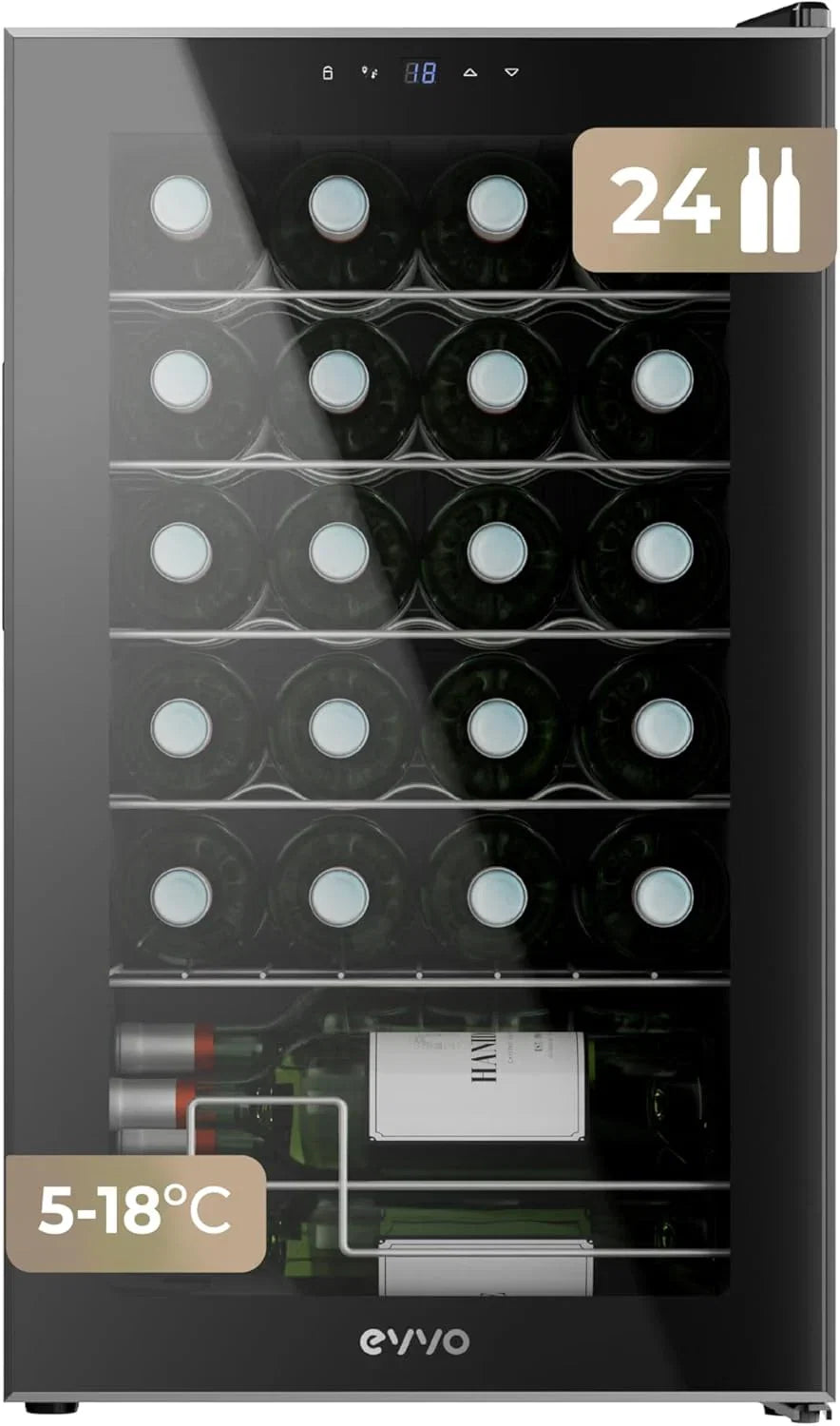 EVVO VT24 szafka na wino, 24 butelki, cicha chłodziarka do wina, mała lodówka do wina, mini lodówka do wina, mini mini lodówka, pionowy stojak na wino