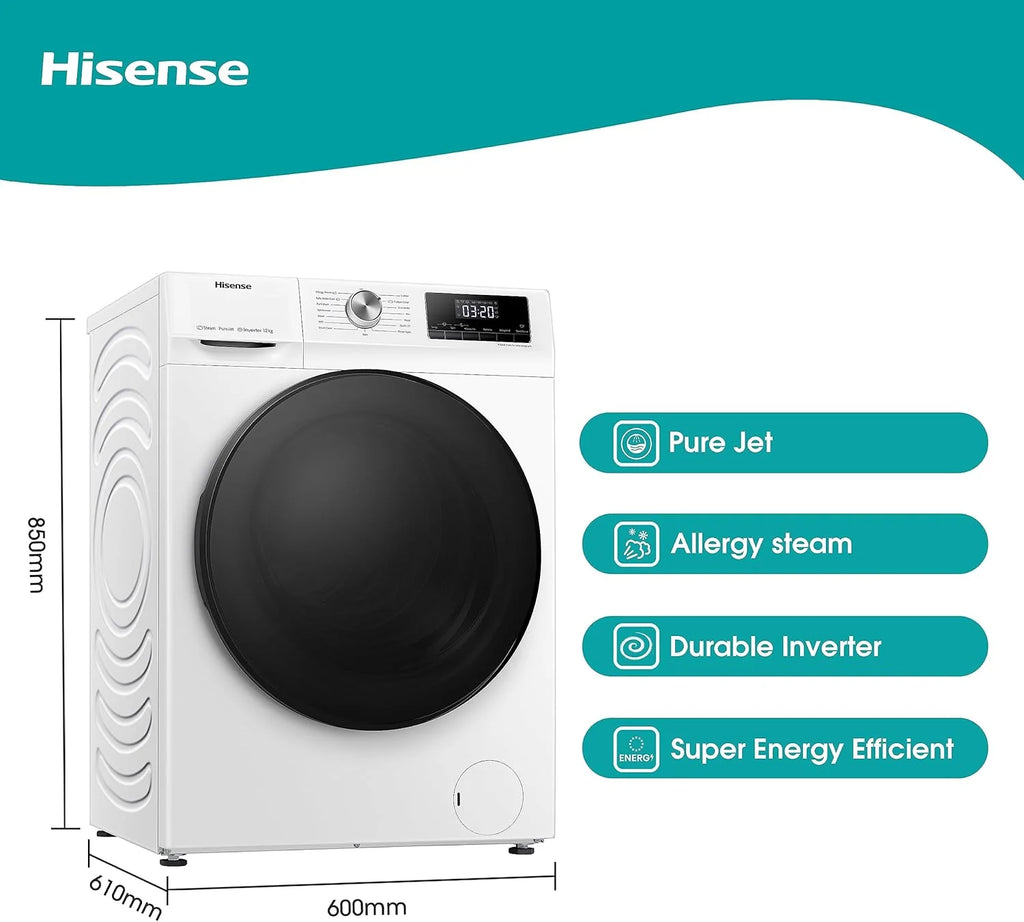 Hisense WF3S8043BW3 pralka z funkcją pary, 8 kg, 1400 obr./min, WiFi, ConnectLife, Power JetWash, program antyalergiczny, Aqua Stop, Auto Wash, Quick Wash, klasa efektywności energetycznej A-30%