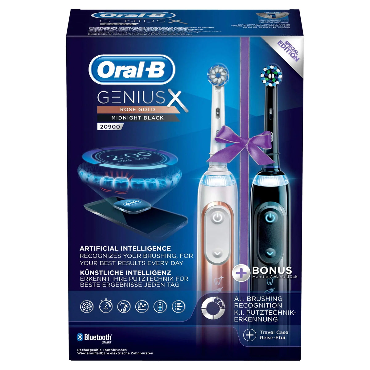 Oral-B Genius X 20900 elektryczna szczoteczka do zębów, dwupak, 6 trybów czyszczenia, Bluetooth, etui, prezent, różowe złoto