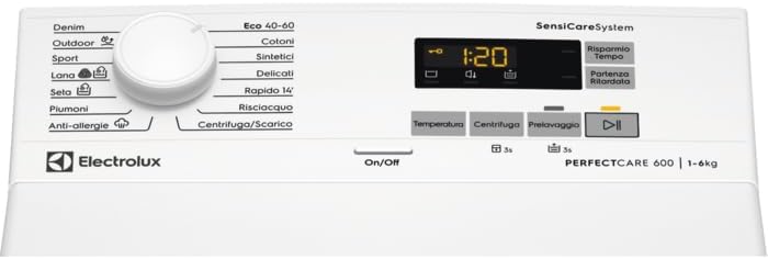 Electrolux 600 pralka ładowana od góry, 6 kg, EW6T526C, technologia SensiCare, wyświetlacz LED z kontrolą dotykową, Giri 1151, 600 x 400 x 890 mm, klasa C, biała