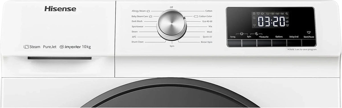 Hisense WF3S8043BW3 pralka z funkcją pary, 8 kg, 1400 obr./min, WiFi, ConnectLife, Power JetWash, program antyalergiczny, Aqua Stop, Auto Wash, Quick Wash, klasa efektywności energetycznej A-30%