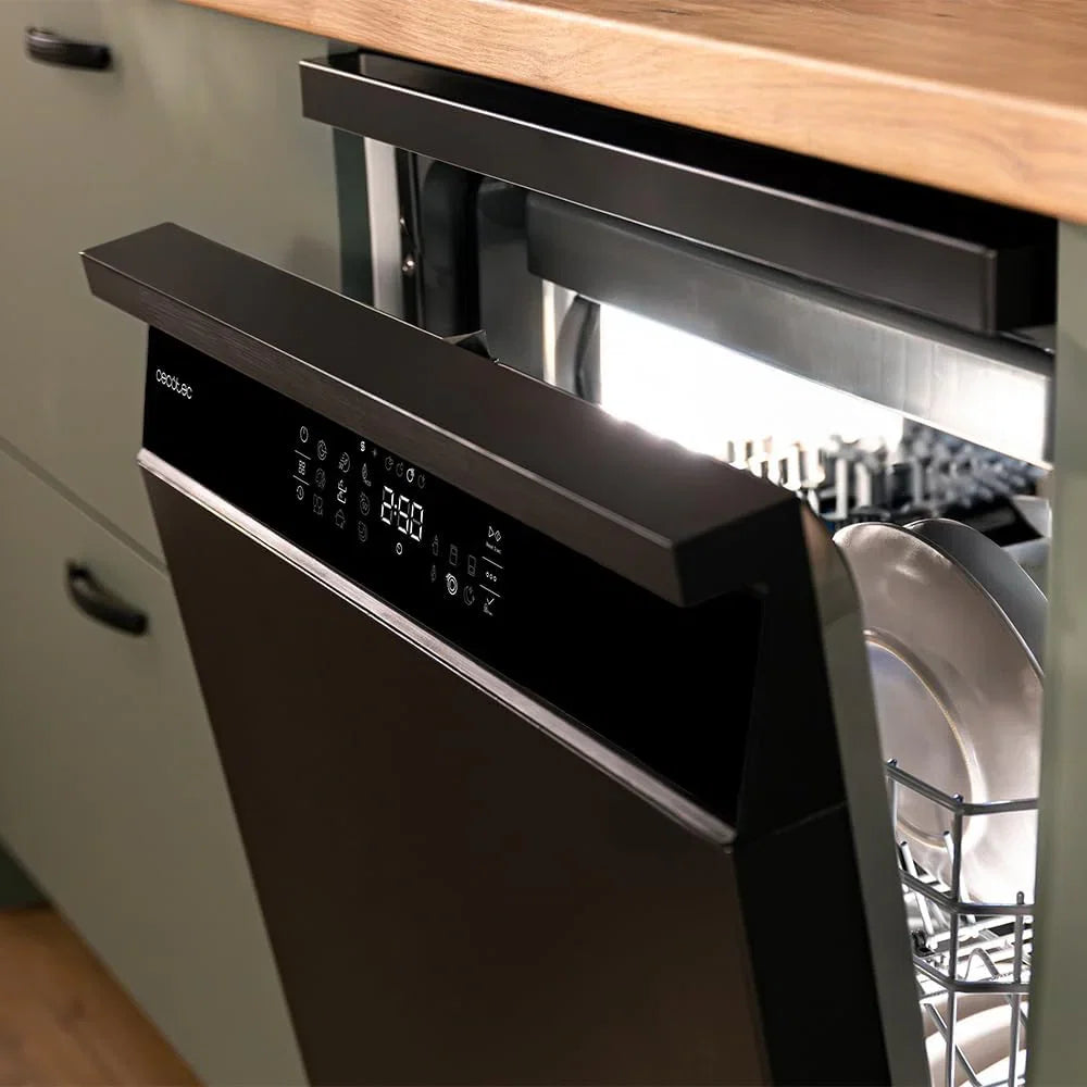 Cecotec Zmywarka 60 cm Bolero Aguazero 6800 Dark A. 14 sztućców, niskie zużycie energii, silnik inwerterowy Plus Duo, 8 programów, mycie automatyczne, czyszczenie parowe, czyszczenie wewnątrz i