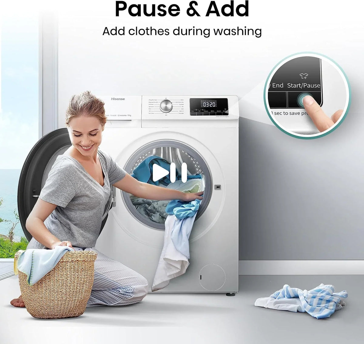 Hisense WF3S8043BW3 pralka z funkcją pary, 8 kg, 1400 obr./min, WiFi, ConnectLife, Power JetWash, program antyalergiczny, Aqua Stop, Auto Wash, Quick Wash, klasa efektywności energetycznej A-30%