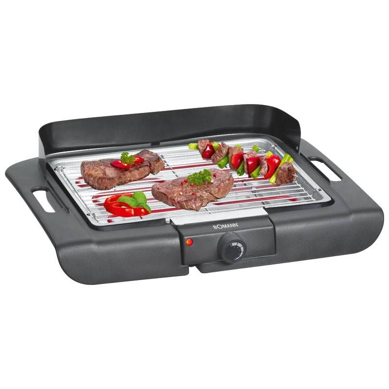 Grill elektryczny, chromowany, 36 x 25 cm, termostat, wiatroszczelny przód, tacka ociekowa, czarny, 2000 W Bomann Bq 2243 Cb