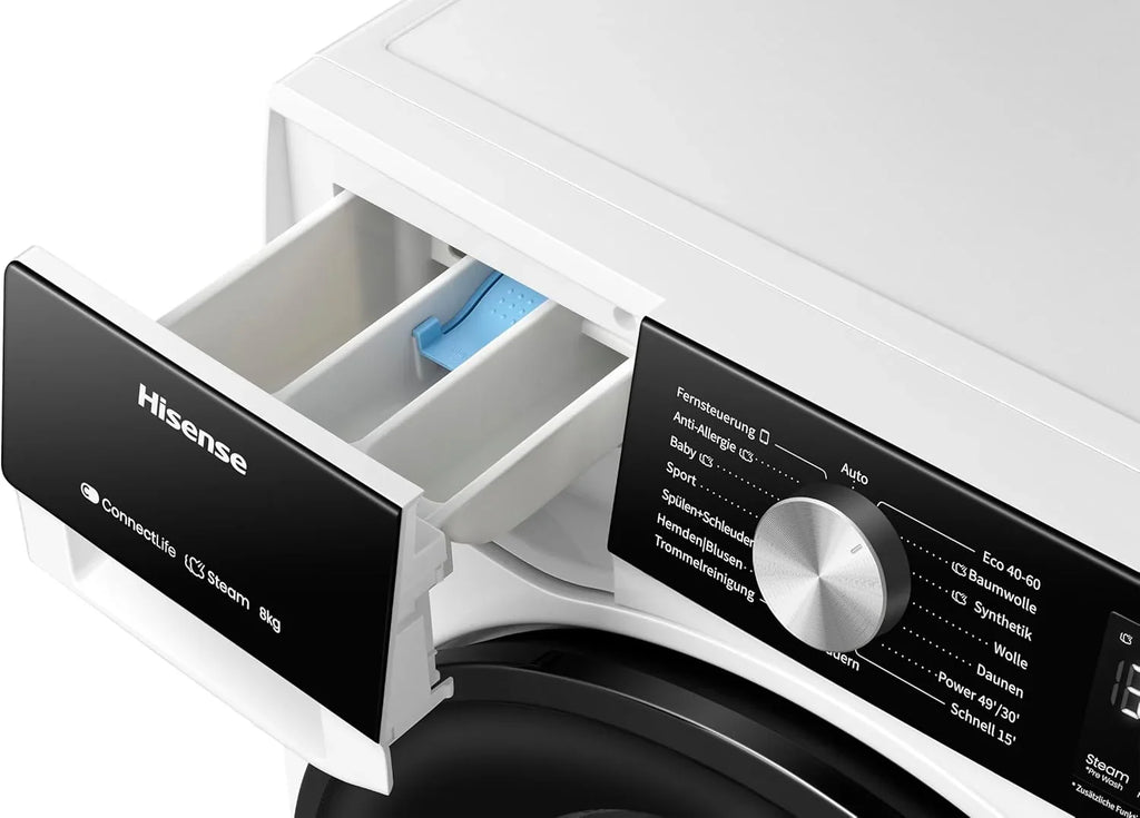 Hisense WF3S8043BW3 pralka z funkcją pary, 8 kg, 1400 obr./min, WiFi, ConnectLife, Power JetWash, program antyalergiczny, Aqua Stop, Auto Wash, Quick Wash, klasa efektywności energetycznej A-30%