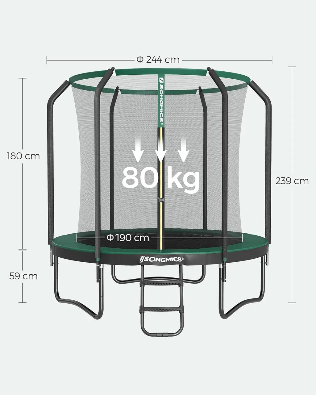 SONGMICS Trampolina Ø 244/305/366/427 cm, certyfikat TÜV Rheinland GS, okrągła trampolina ogrodowa z siatką zabezpieczającą i drabinką, wyściełany stelaż, dla dzieci i dorosłych