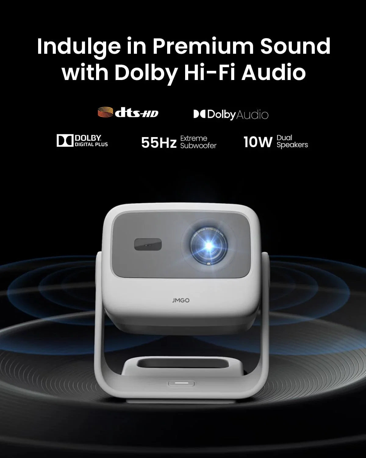 JMGO N1S 4K Mini Projektor, potrójny laser, 1100 lumenów ISO, szybki autofokus z gimbalem, Google TV, Netflix, 110% BT.2020, HDR10, 10W Dolby Audio, 3D Blu-ray, 200 na zewnątrz, do gier, na imprezy