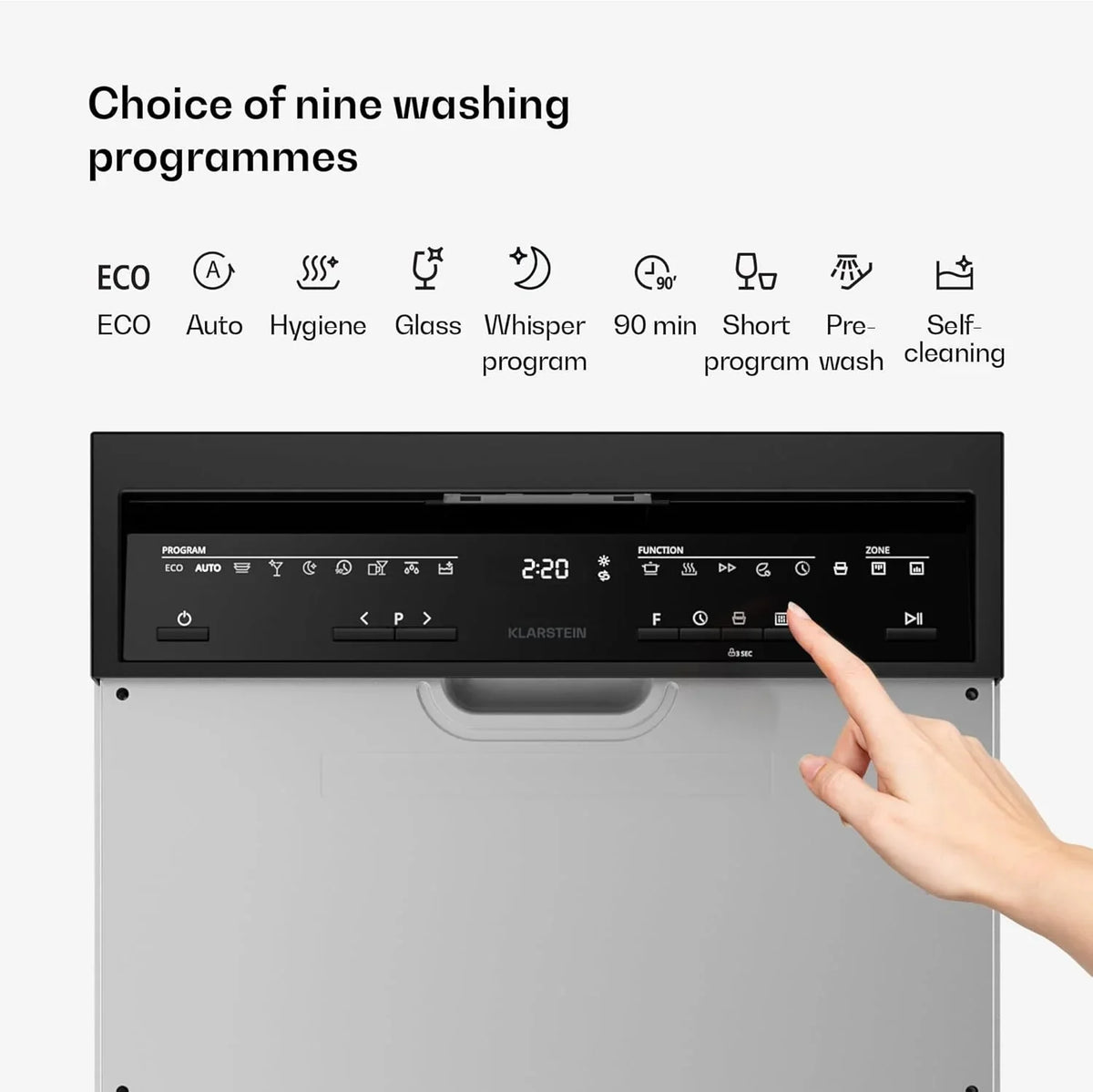 Klarstein Velaire zmywarka 60 cm – wolnostojąca, 14 miejsc, 9 programów, 42 dB, klasa energetyczna A, AquaStop, zabezpieczenie przed dziećmi, zmywarka 60 cm, stal nierdzewna