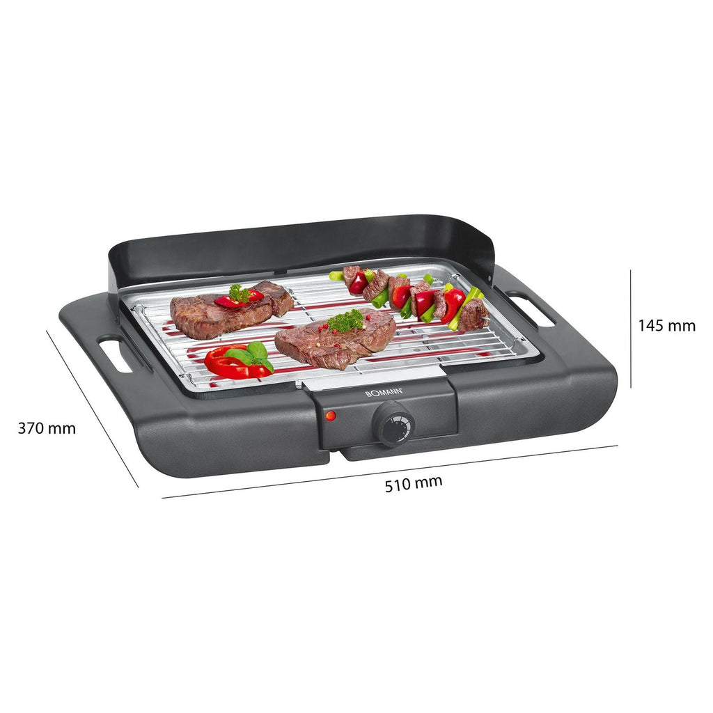 Grill elektryczny, chromowany, 36 x 25 cm, termostat, wiatroszczelny przód, tacka ociekowa, czarny, 2000 W Bomann Bq 2243 Cb