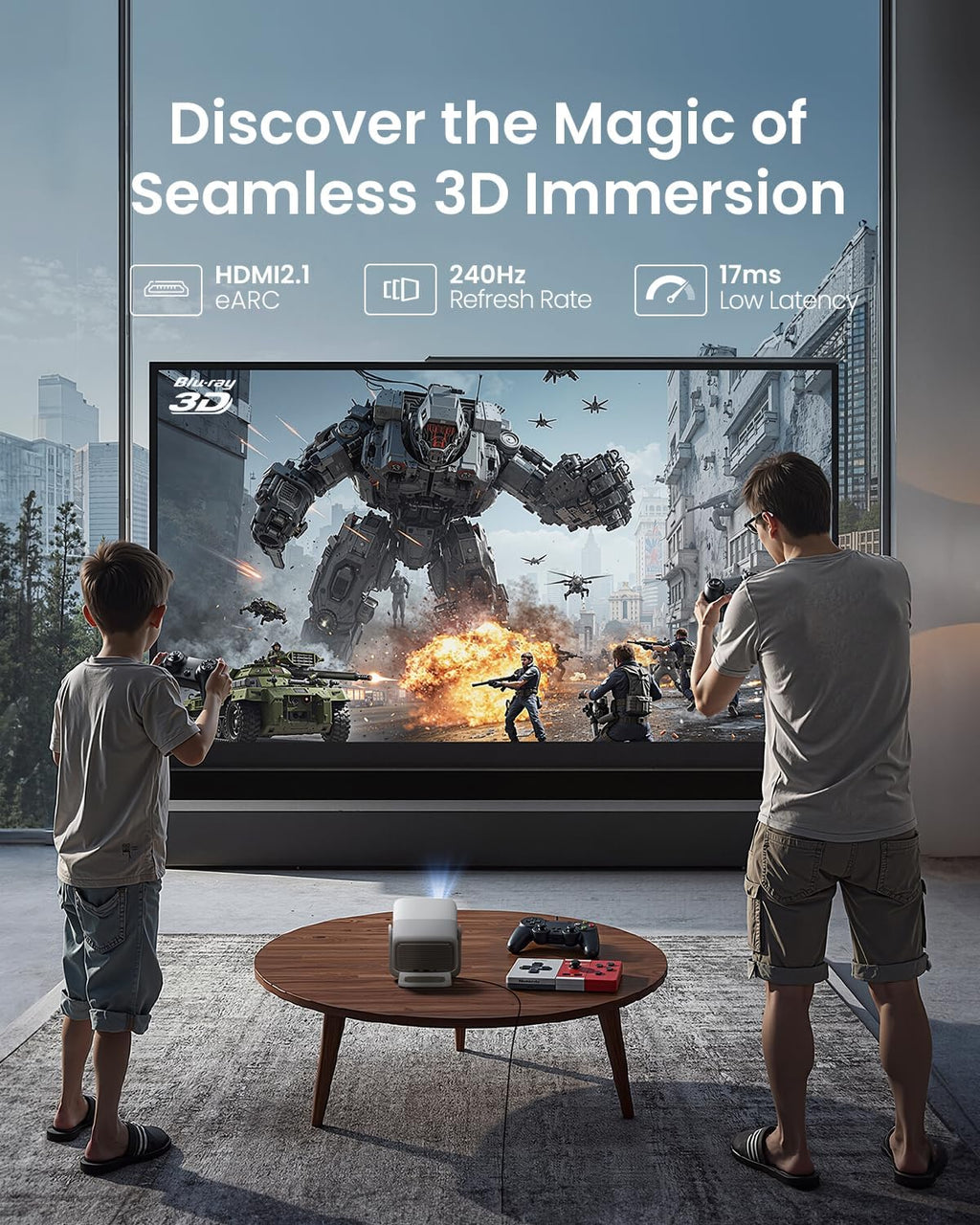 JMGO N1S 4K Mini Projektor, potrójny laser, 1100 lumenów ISO, szybki autofokus z gimbalem, Google TV, Netflix, 110% BT.2020, HDR10, 10W Dolby Audio, 3D Blu-ray, 200 na zewnątrz, do gier, na imprezy