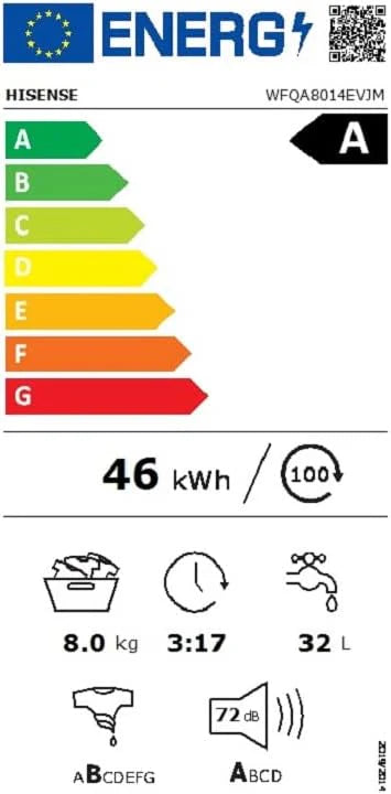 Hisense WF3S8043BW3 pralka z funkcją pary, 8 kg, 1400 obr./min, WiFi, ConnectLife, Power JetWash, program antyalergiczny, Aqua Stop, Auto Wash, Quick Wash, klasa efektywności energetycznej A-30%